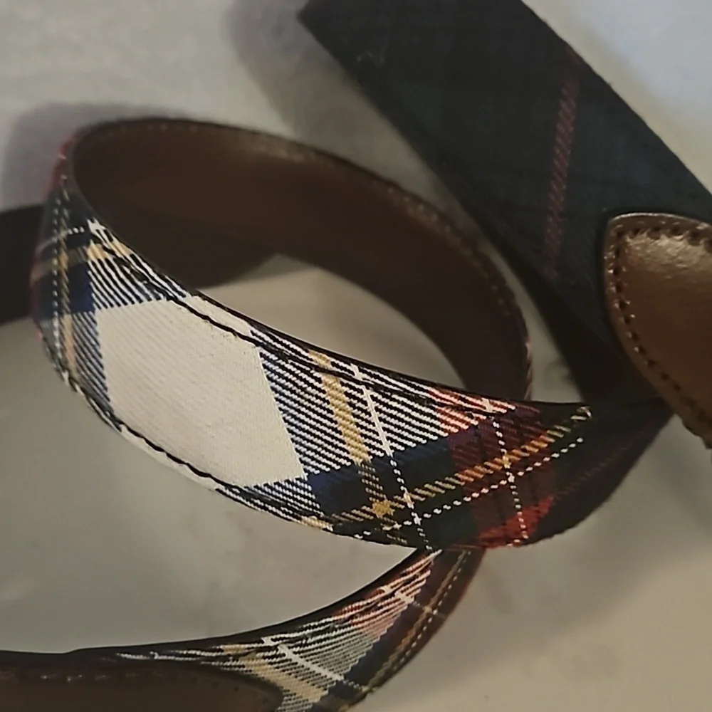 J Crew Moon Plaid Genuine Leather Belt sz 34 Brass hardware Pre-owned - Picture 4 of 10